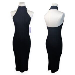 Wild Fable Ribbed Midi Black Sweater Dress Halter Neck Open Back Women’s Small